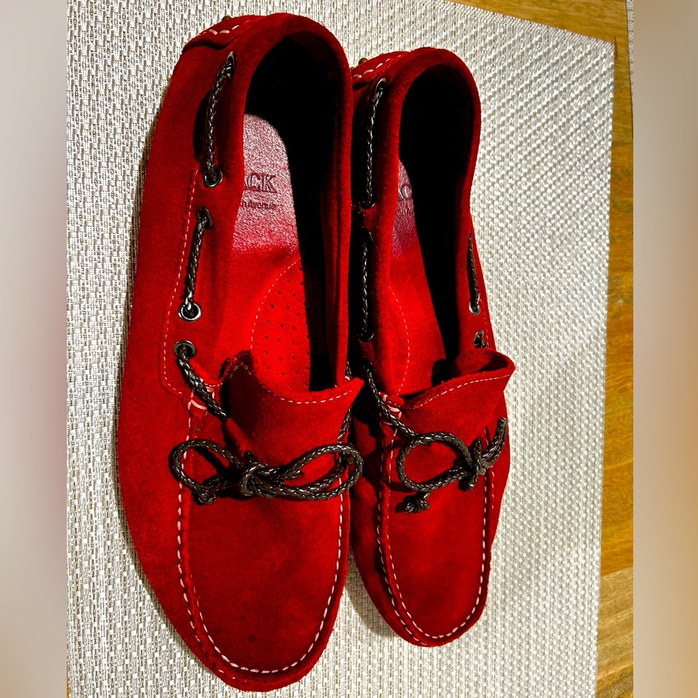Saks Black Label driving loafers, size 10, red suede